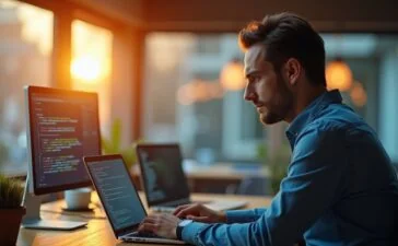 Ein modernes, hell erleuchtetes Büro mit einem konzentrierten IT-Experten, der an einem Laptop arbeitet, umgeben von warmem Tageslicht und sanften Holztönen, während im Hintergrund Bildschirme mit Code und Sicherheitssoftware dezent sichtbar sind und eine Atmosphäre von Verlässlichkeit und digitaler Vorsicht vermitteln.