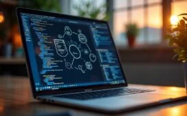 Ein hell erleuchteter Arbeitsplatz mit einem modernen Laptop, auf dessen Bildschirm scharf detaillierte Kubernetes-Cluster-Diagramme und Terminalfenster zu sehen sind, umgeben von warmem Tageslicht und technischen Notizen, die eine entspannte, fokussierte Atmosphäre für das Management komplexer Cloud-Infrastrukturen vermitteln.