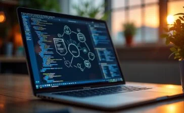 Ein hell erleuchteter Arbeitsplatz mit einem modernen Laptop, auf dessen Bildschirm scharf detaillierte Kubernetes-Cluster-Diagramme und Terminalfenster zu sehen sind, umgeben von warmem Tageslicht und technischen Notizen, die eine entspannte, fokussierte Atmosphäre für das Management komplexer Cloud-Infrastrukturen vermitteln.