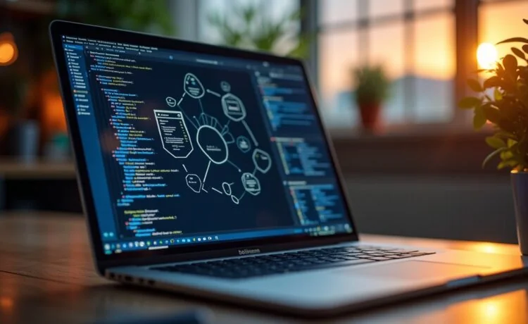 Ein hell erleuchteter Arbeitsplatz mit einem modernen Laptop, auf dessen Bildschirm scharf detaillierte Kubernetes-Cluster-Diagramme und Terminalfenster zu sehen sind, umgeben von warmem Tageslicht und technischen Notizen, die eine entspannte, fokussierte Atmosphäre für das Management komplexer Cloud-Infrastrukturen vermitteln.