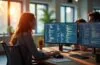 Ein lichtdurchflutetes modernes Büro mit freundlichen Softwareentwicklern, die konzentriert und kollaborativ vor mehreren Bildschirmen voller übersichtlicher Diagramme und Code arbeiten, dabei eine warme Atmosphäre aus natürlichem Tageslicht und lebhaften Gesprächen schaffen – ein inspirierender Moment, der die zukunftsweisende Verbindung von flexibler Kubernetes-Versionierung und KI-Integration lebendig einfängt.