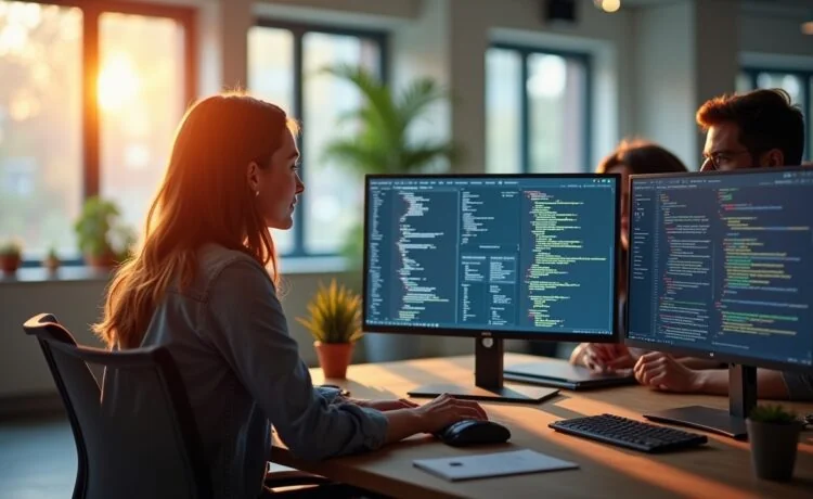 Ein lichtdurchflutetes modernes Büro mit freundlichen Softwareentwicklern, die konzentriert und kollaborativ vor mehreren Bildschirmen voller übersichtlicher Diagramme und Code arbeiten, dabei eine warme Atmosphäre aus natürlichem Tageslicht und lebhaften Gesprächen schaffen – ein inspirierender Moment, der die zukunftsweisende Verbindung von flexibler Kubernetes-Versionierung und KI-Integration lebendig einfängt.