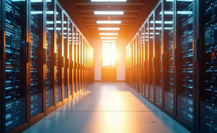 Ein hell erleuchteter, moderner Serverraum mit glänzenden, hochleistungsfähigen Racks, in dem warmes Sonnenlicht durch große Fenster fällt und eine Atmosphäre von technischer Präzision und nachhaltiger Innovation schafft.