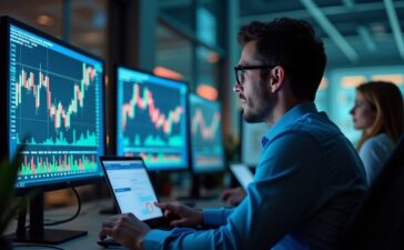 Ein hell erleuchtetes, technisch modernes Börsenbüro mit dynamischen Aktiencharts auf mehreren Bildschirmen, während ein lächelnder Analyst mit warmer Ausstrahlung vor dem Fenster sitzend reflektiert und so das aufkeimende Vertrauen und die vorsichtige Hoffnung in die Zukunft der künstlichen Intelligenz an der Börse einfängt.