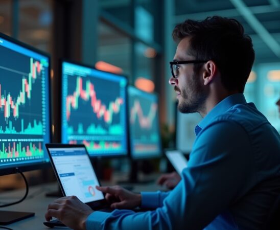 Ein hell erleuchtetes, technisch modernes Börsenbüro mit dynamischen Aktiencharts auf mehreren Bildschirmen, während ein lächelnder Analyst mit warmer Ausstrahlung vor dem Fenster sitzend reflektiert und so das aufkeimende Vertrauen und die vorsichtige Hoffnung in die Zukunft der künstlichen Intelligenz an der Börse einfängt.