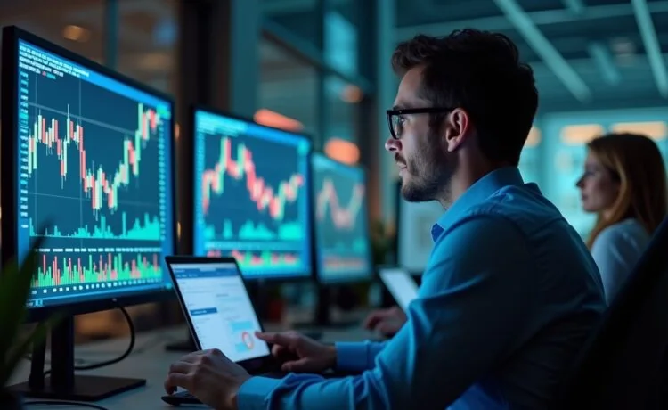 Ein hell erleuchtetes, technisch modernes Börsenbüro mit dynamischen Aktiencharts auf mehreren Bildschirmen, während ein lächelnder Analyst mit warmer Ausstrahlung vor dem Fenster sitzend reflektiert und so das aufkeimende Vertrauen und die vorsichtige Hoffnung in die Zukunft der künstlichen Intelligenz an der Börse einfängt.