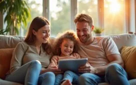 Eine sonnendurchflutete, einladende Szene in einem modernen Wohnzimmer, in der eine Familie gemeinsam auf einem Sofa sitzt und mit lächelnden Gesichtern auf ein Tablet schaut, während sanftes Tageslicht durch große Fenster fällt und die Wärme des Alltags sowie die spannende Verknüpfung von moderner Künstlicher Intelligenz und familiärem Miteinander lebendig wird.