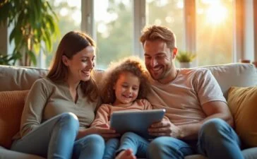 Eine sonnendurchflutete, einladende Szene in einem modernen Wohnzimmer, in der eine Familie gemeinsam auf einem Sofa sitzt und mit lächelnden Gesichtern auf ein Tablet schaut, während sanftes Tageslicht durch große Fenster fällt und die Wärme des Alltags sowie die spannende Verknüpfung von moderner Künstlicher Intelligenz und familiärem Miteinander lebendig wird.