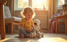 Ein strahlend helles, natürlich beleuchtetes Redaktionsfoto zeigt ein fröhliches Kind, das entspannt mit einem modernen, KI-integrierten Spielzeugroboter interagiert, umgeben von warmen Holzmöbeln und sanften Sonnenstrahlen, die eine freundliche und einladende Atmosphäre schaffen und so die zukunftsweisende Verschmelzung von Technologie und kindlicher Kreativität lebendig einfangen.