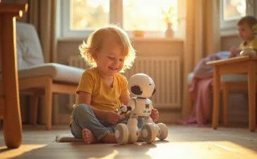 Ein strahlend helles, natürlich beleuchtetes Redaktionsfoto zeigt ein fröhliches Kind, das entspannt mit einem modernen, KI-integrierten Spielzeugroboter interagiert, umgeben von warmen Holzmöbeln und sanften Sonnenstrahlen, die eine freundliche und einladende Atmosphäre schaffen und so die zukunftsweisende Verschmelzung von Technologie und kindlicher Kreativität lebendig einfangen.