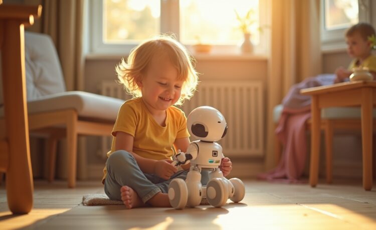 Ein strahlend helles, natürlich beleuchtetes Redaktionsfoto zeigt ein fröhliches Kind, das entspannt mit einem modernen, KI-integrierten Spielzeugroboter interagiert, umgeben von warmen Holzmöbeln und sanften Sonnenstrahlen, die eine freundliche und einladende Atmosphäre schaffen und so die zukunftsweisende Verschmelzung von Technologie und kindlicher Kreativität lebendig einfangen.