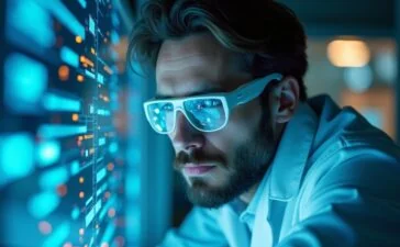 Ein einladendes, natürlich beleuchtetes Porträt eines nachdenklichen Forschers in modernem Labor, umgeben von subtil sichtbar leuchtenden, holografischen Datenströmen und Technik-Elementen, die den spannenden Moment der Schnittstelle zwischen Mensch und künstlichem Bewusstsein in warmer, freundlicher Atmosphäre festhalten.