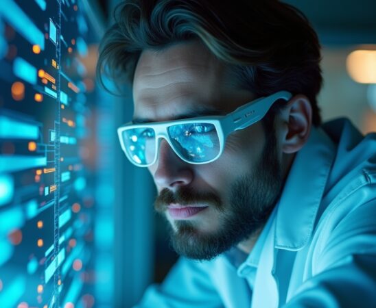 Ein einladendes, natürlich beleuchtetes Porträt eines nachdenklichen Forschers in modernem Labor, umgeben von subtil sichtbar leuchtenden, holografischen Datenströmen und Technik-Elementen, die den spannenden Moment der Schnittstelle zwischen Mensch und künstlichem Bewusstsein in warmer, freundlicher Atmosphäre festhalten.