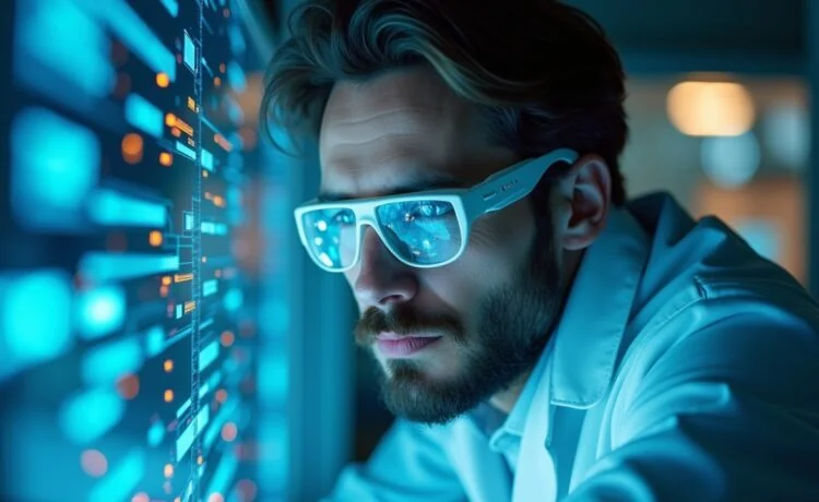 Ein einladendes, natürlich beleuchtetes Porträt eines nachdenklichen Forschers in modernem Labor, umgeben von subtil sichtbar leuchtenden, holografischen Datenströmen und Technik-Elementen, die den spannenden Moment der Schnittstelle zwischen Mensch und künstlichem Bewusstsein in warmer, freundlicher Atmosphäre festhalten.