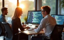 In einem modernen, sonnendurchfluteten Büro sitzen Webentwickler und Designer entspannt zusammen vor großen Bildschirmen, die klar strukturierte, farbenfrohe Codezeilen und responsive Webseiten zeigen – ihre konzentrierte, freundliche Atmosphäre strahlt Zusammenarbeit und nachhaltige digitale Innovation aus.