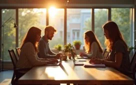 Ein sonnendurchflutetes, modernes Büro mit einem fünfköpfigen, gemischten Team, das entspannt an einem großen Holztisch sitzt und lebhaft an digitalen Geräten arbeitet, während natürliche Tageslichtstrahlen durch große Fenster fallen und eine warme, kollegiale Atmosphäre voller Fokus und Innovation schaffen.