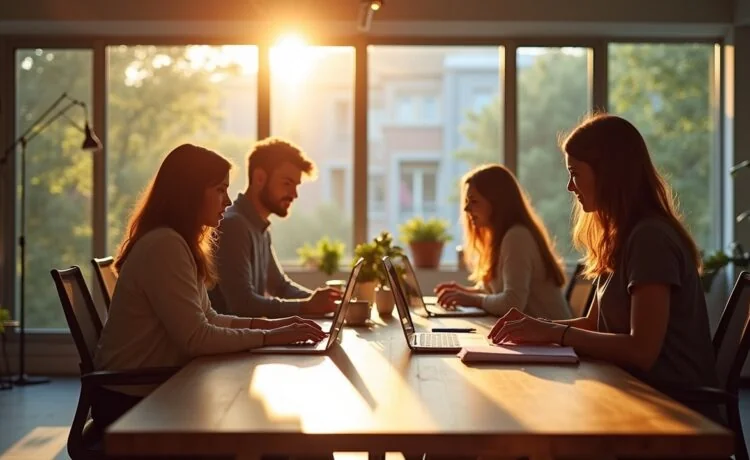 Ein sonnendurchflutetes, modernes Büro mit einem fünfköpfigen, gemischten Team, das entspannt an einem großen Holztisch sitzt und lebhaft an digitalen Geräten arbeitet, während natürliche Tageslichtstrahlen durch große Fenster fallen und eine warme, kollegiale Atmosphäre voller Fokus und Innovation schaffen.