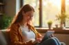 Eine freundliche, helle Aufnahme zeigt eine junge Frau, die entspannt mit einem Tablet in einem sonnendurchfluteten, modernen Arbeitszimmer sitzt und konzentriert eine interaktive Sprachlern-App nutzt, während natürliche Lichtstrahlen ihre motivierte Miene sanft erwärmen und für eine einladende Atmosphäre sorgen.