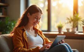 Eine freundliche, helle Aufnahme zeigt eine junge Frau, die entspannt mit einem Tablet in einem sonnendurchfluteten, modernen Arbeitszimmer sitzt und konzentriert eine interaktive Sprachlern-App nutzt, während natürliche Lichtstrahlen ihre motivierte Miene sanft erwärmen und für eine einladende Atmosphäre sorgen.