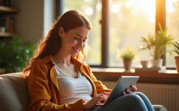 Eine freundliche, helle Aufnahme zeigt eine junge Frau, die entspannt mit einem Tablet in einem sonnendurchfluteten, modernen Arbeitszimmer sitzt und konzentriert eine interaktive Sprachlern-App nutzt, während natürliche Lichtstrahlen ihre motivierte Miene sanft erwärmen und für eine einladende Atmosphäre sorgen.