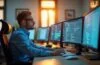 Helles, einladendes Büro mit natürlichem Tageslicht, in dem ein konzentrierter IT-Experte vor mehreren Bildschirmen sitzt und sorgfältig Sicherheitsdaten prüft, umgeben von moderner Technik und einem warmen, freundlichen Ambiente voller Fokus und Verantwortung.