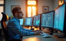 Helles, einladendes Büro mit natürlichem Tageslicht, in dem ein konzentrierter IT-Experte vor mehreren Bildschirmen sitzt und sorgfältig Sicherheitsdaten prüft, umgeben von moderner Technik und einem warmen, freundlichen Ambiente voller Fokus und Verantwortung.