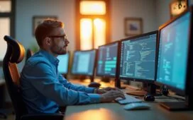 Helles, einladendes Büro mit natürlichem Tageslicht, in dem ein konzentrierter IT-Experte vor mehreren Bildschirmen sitzt und sorgfältig Sicherheitsdaten prüft, umgeben von moderner Technik und einem warmen, freundlichen Ambiente voller Fokus und Verantwortung.