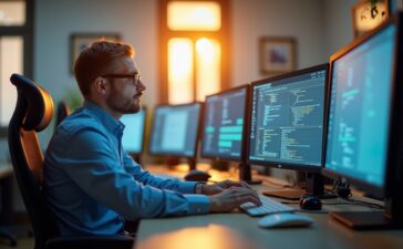 Helles, einladendes Büro mit natürlichem Tageslicht, in dem ein konzentrierter IT-Experte vor mehreren Bildschirmen sitzt und sorgfältig Sicherheitsdaten prüft, umgeben von moderner Technik und einem warmen, freundlichen Ambiente voller Fokus und Verantwortung.