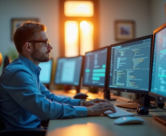 Helles, einladendes Büro mit natürlichem Tageslicht, in dem ein konzentrierter IT-Experte vor mehreren Bildschirmen sitzt und sorgfältig Sicherheitsdaten prüft, umgeben von moderner Technik und einem warmen, freundlichen Ambiente voller Fokus und Verantwortung.