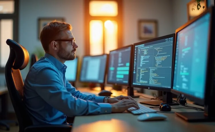 Helles, einladendes Büro mit natürlichem Tageslicht, in dem ein konzentrierter IT-Experte vor mehreren Bildschirmen sitzt und sorgfältig Sicherheitsdaten prüft, umgeben von moderner Technik und einem warmen, freundlichen Ambiente voller Fokus und Verantwortung.