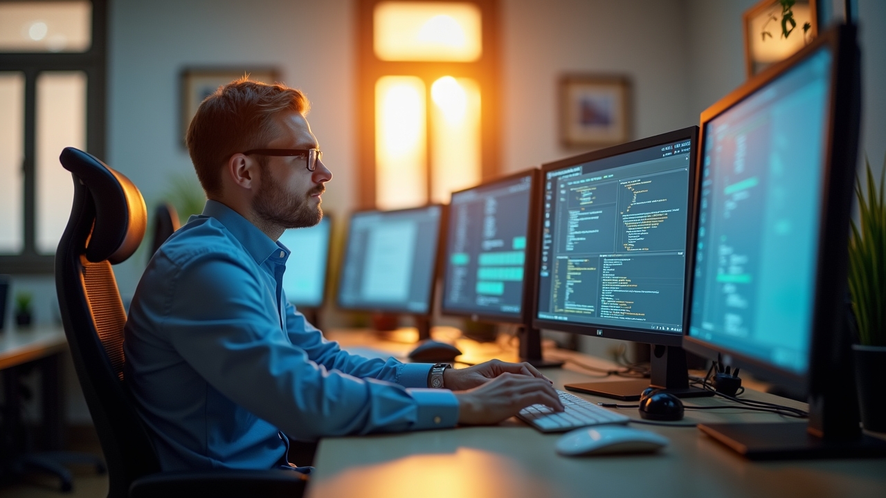 Helles, einladendes Büro mit natürlichem Tageslicht, in dem ein konzentrierter IT-Experte vor mehreren Bildschirmen sitzt und sorgfältig Sicherheitsdaten prüft, umgeben von moderner Technik und einem warmen, freundlichen Ambiente voller Fokus und Verantwortung.