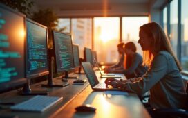 Ein strahlend helles Redaktionsbüro mit motivierten Entwicklerinnen und Entwicklern, die lebhaft an Laptops arbeiten, umgeben von modernen Bildschirmen mit komplexen Codezeilen, in warmem Tageslicht durch große Fenster, das eine freundliche und zukunftsweisende Atmosphäre der Innovation und Zusammenarbeit ausstrahlt.