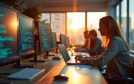 Ein strahlend helles Redaktionsbüro mit motivierten Entwicklerinnen und Entwicklern, die lebhaft an Laptops arbeiten, umgeben von modernen Bildschirmen mit komplexen Codezeilen, in warmem Tageslicht durch große Fenster, das eine freundliche und zukunftsweisende Atmosphäre der Innovation und Zusammenarbeit ausstrahlt.