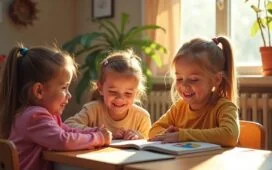 In einem hell erleuchteten Klassenzimmer sitzen lachende Kinder mit aufmerksamen Blicken um einen gemütlichen Leseecken-Tisch, während eine Pädagogin mit warmem Lächeln ein bezaubernd illustriertes Märchenbuch hält, das spielerisch die Themen Datenschutz und digitale Sicherheit vermittelt; die natürliche Tageslichtbeleuchtung unterstreicht die freundliche, einladende Atmosphäre voller Neugier und Gemeinschaft.