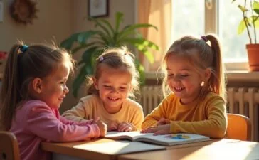 In einem hell erleuchteten Klassenzimmer sitzen lachende Kinder mit aufmerksamen Blicken um einen gemütlichen Leseecken-Tisch, während eine Pädagogin mit warmem Lächeln ein bezaubernd illustriertes Märchenbuch hält, das spielerisch die Themen Datenschutz und digitale Sicherheit vermittelt; die natürliche Tageslichtbeleuchtung unterstreicht die freundliche, einladende Atmosphäre voller Neugier und Gemeinschaft.