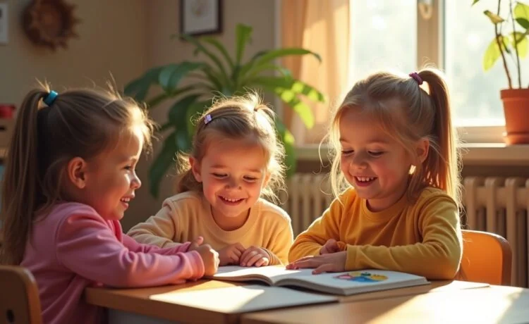 In einem hell erleuchteten Klassenzimmer sitzen lachende Kinder mit aufmerksamen Blicken um einen gemütlichen Leseecken-Tisch, während eine Pädagogin mit warmem Lächeln ein bezaubernd illustriertes Märchenbuch hält, das spielerisch die Themen Datenschutz und digitale Sicherheit vermittelt; die natürliche Tageslichtbeleuchtung unterstreicht die freundliche, einladende Atmosphäre voller Neugier und Gemeinschaft.