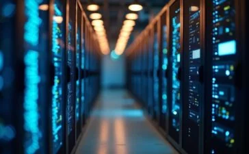 Ein warm ausgeleuchteter, modern ausgestatteter Serverraum in Wien, in dem konzentrierte IT-Profis in entspannter Atmosphäre an vernetzten Geräten arbeiten und so den Wandel der österreichischen Hosting-Landschaft lebendig vermitteln.