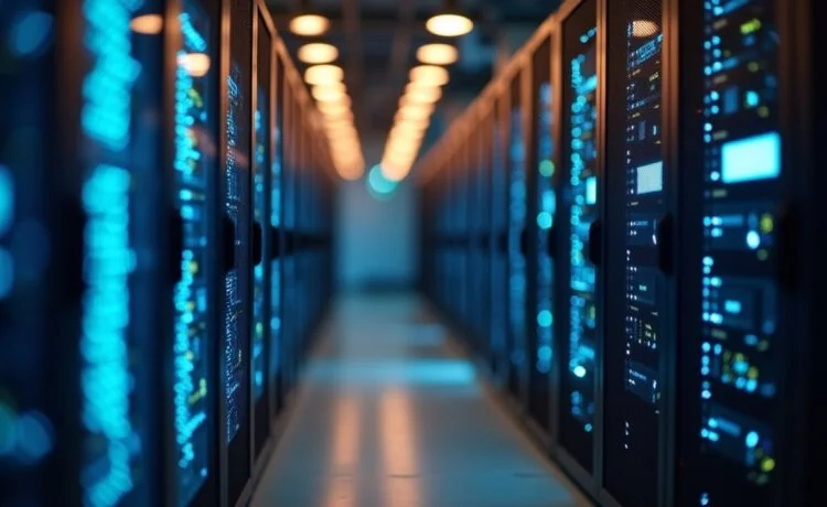 Ein warm ausgeleuchteter, modern ausgestatteter Serverraum in Wien, in dem konzentrierte IT-Profis in entspannter Atmosphäre an vernetzten Geräten arbeiten und so den Wandel der österreichischen Hosting-Landschaft lebendig vermitteln.