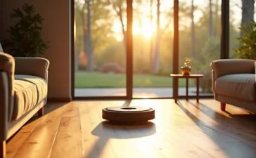 Ein sonnendurchflutetes, modernes Wohnzimmer mit einem eleganten, futuristischen Haushaltsroboter, der aufmerksam über einen hellen Holzboden gleitet, während warme Nachmittagsstrahlen durch große Fenster fallen und eine einladende Atmosphäre voller technischer Innovation und häuslicher Geborgenheit schaffen.