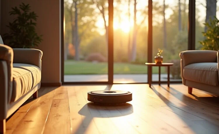 Ein sonnendurchflutetes, modernes Wohnzimmer mit einem eleganten, futuristischen Haushaltsroboter, der aufmerksam über einen hellen Holzboden gleitet, während warme Nachmittagsstrahlen durch große Fenster fallen und eine einladende Atmosphäre voller technischer Innovation und häuslicher Geborgenheit schaffen.