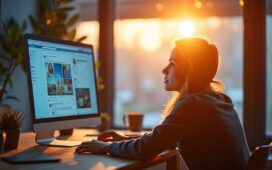 In einem hell erleuchteten, modernen Arbeitsumfeld sitzt eine junge, inspirierte Person entspannt vor einem großen Bildschirm, der dynamisch personalisierte Social-Media-Inhalte zeigt, während warmes Tageslicht durch bodentiefe Fenster fällt und eine Atmosphäre von Fortschritt, Kreativität und digitaler Verbundenheit schafft.