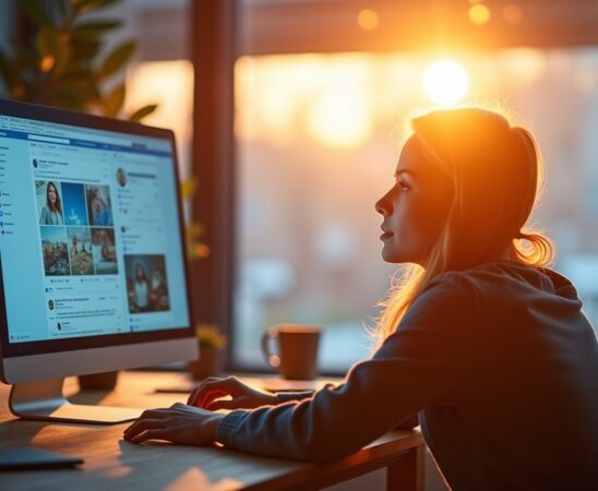 In einem hell erleuchteten, modernen Arbeitsumfeld sitzt eine junge, inspirierte Person entspannt vor einem großen Bildschirm, der dynamisch personalisierte Social-Media-Inhalte zeigt, während warmes Tageslicht durch bodentiefe Fenster fällt und eine Atmosphäre von Fortschritt, Kreativität und digitaler Verbundenheit schafft.