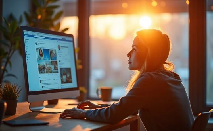 In einem hell erleuchteten, modernen Arbeitsumfeld sitzt eine junge, inspirierte Person entspannt vor einem großen Bildschirm, der dynamisch personalisierte Social-Media-Inhalte zeigt, während warmes Tageslicht durch bodentiefe Fenster fällt und eine Atmosphäre von Fortschritt, Kreativität und digitaler Verbundenheit schafft.