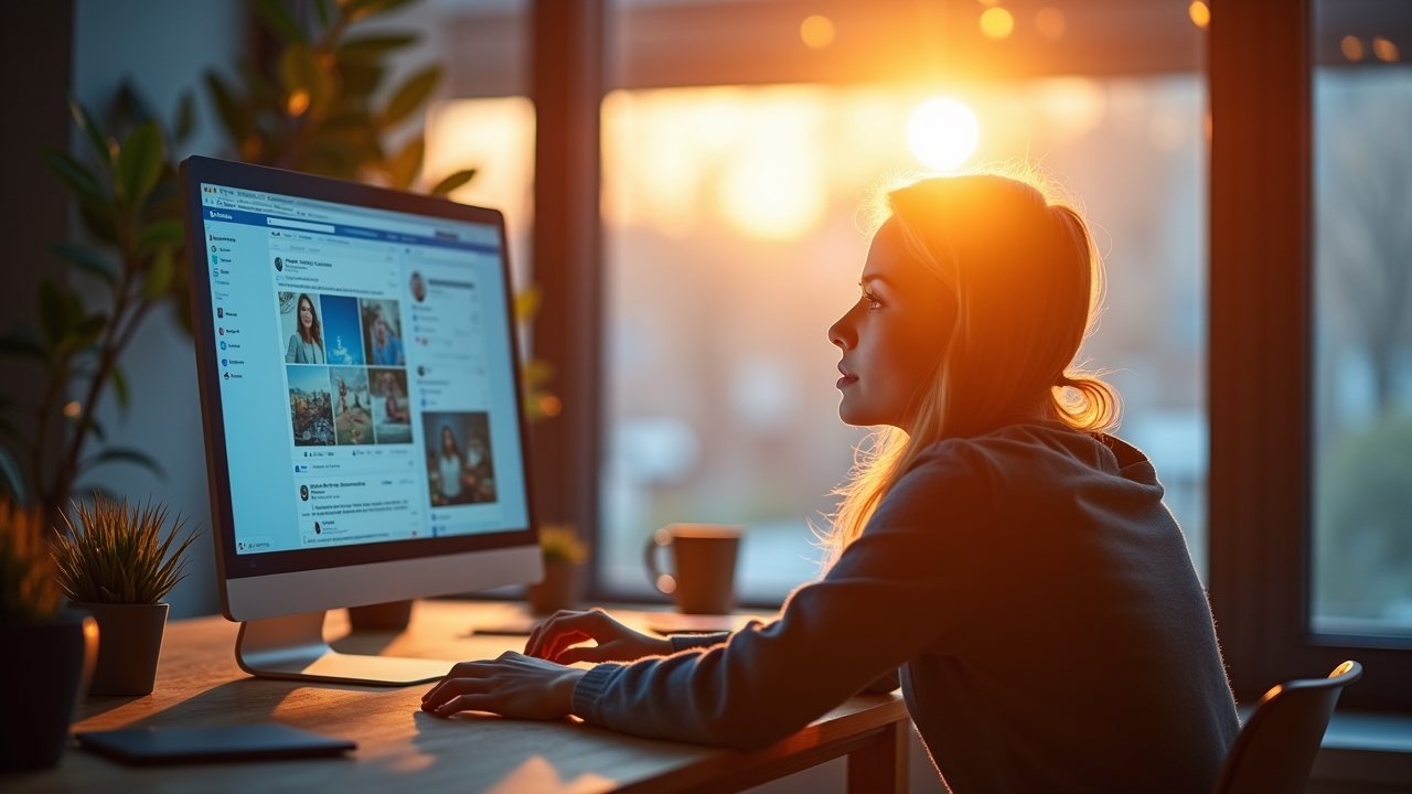 In einem hell erleuchteten, modernen Arbeitsumfeld sitzt eine junge, inspirierte Person entspannt vor einem großen Bildschirm, der dynamisch personalisierte Social-Media-Inhalte zeigt, während warmes Tageslicht durch bodentiefe Fenster fällt und eine Atmosphäre von Fortschritt, Kreativität und digitaler Verbundenheit schafft.