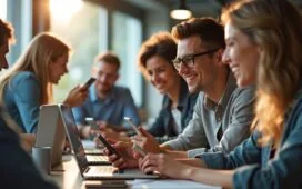 Eine strahlend helle, natürlich beleuchtete Szene in einem modernen Büro, in der eine vielfältige Gruppe junger Menschen mit lebhaftem Lächeln und konzentriertem Blick gemeinsam an Laptops und Smartphones arbeitet, während im Hintergrund dezente Hinweise auf digitale Vernetzung und emotionale KI-Kommunikation für eine warme, einladende Stimmung sorgen.