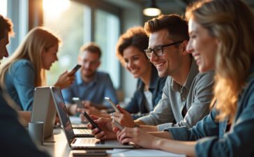 Eine strahlend helle, natürlich beleuchtete Szene in einem modernen Büro, in der eine vielfältige Gruppe junger Menschen mit lebhaftem Lächeln und konzentriertem Blick gemeinsam an Laptops und Smartphones arbeitet, während im Hintergrund dezente Hinweise auf digitale Vernetzung und emotionale KI-Kommunikation für eine warme, einladende Stimmung sorgen.