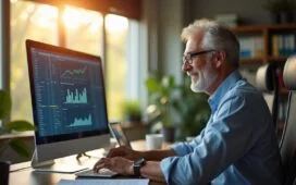 In einem hell erleuchteten, modernen Büro mit großen Fenstern sieht man einen nachdenklichen Milliardär mittleren Alters, der mit warmem Lächeln vor einem Bildschirm voller komplexer Daten und KI-Analysen sitzt, während natürliche Sonnenstrahlen seine Umgebung in harmonisches Licht tauchen und die zukunftsweisende Verbindung von Reichtum und künstlicher Intelligenz lebendig widerspiegeln.