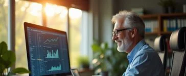 In einem hell erleuchteten, modernen Büro mit großen Fenstern sieht man einen nachdenklichen Milliardär mittleren Alters, der mit warmem Lächeln vor einem Bildschirm voller komplexer Daten und KI-Analysen sitzt, während natürliche Sonnenstrahlen seine Umgebung in harmonisches Licht tauchen und die zukunftsweisende Verbindung von Reichtum und künstlicher Intelligenz lebendig widerspiegeln.