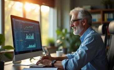 In einem hell erleuchteten, modernen Büro mit großen Fenstern sieht man einen nachdenklichen Milliardär mittleren Alters, der mit warmem Lächeln vor einem Bildschirm voller komplexer Daten und KI-Analysen sitzt, während natürliche Sonnenstrahlen seine Umgebung in harmonisches Licht tauchen und die zukunftsweisende Verbindung von Reichtum und künstlicher Intelligenz lebendig widerspiegeln.