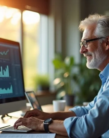 In einem hell erleuchteten, modernen Büro mit großen Fenstern sieht man einen nachdenklichen Milliardär mittleren Alters, der mit warmem Lächeln vor einem Bildschirm voller komplexer Daten und KI-Analysen sitzt, während natürliche Sonnenstrahlen seine Umgebung in harmonisches Licht tauchen und die zukunftsweisende Verbindung von Reichtum und künstlicher Intelligenz lebendig widerspiegeln.